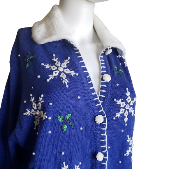 OHI Christmas Blue Sweater Beaded Snowman Snowflakes Detachable Fur Collar Sz XL - Picture 4 of 17